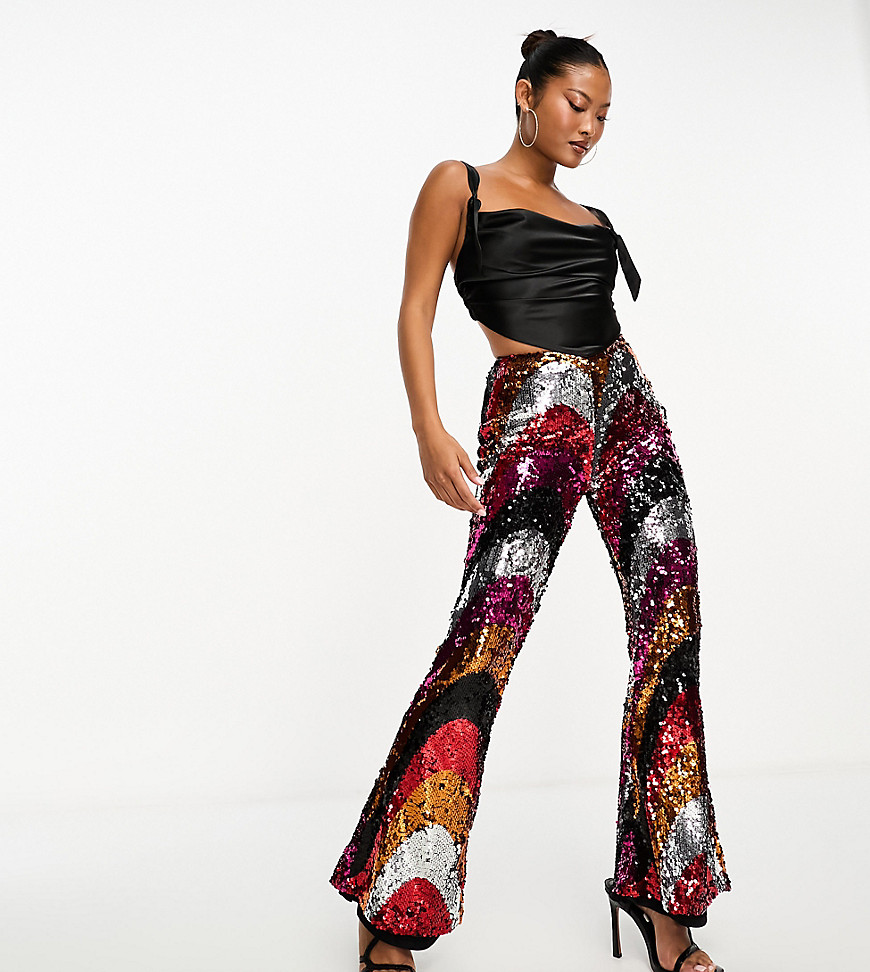 flared sequin pants in multi