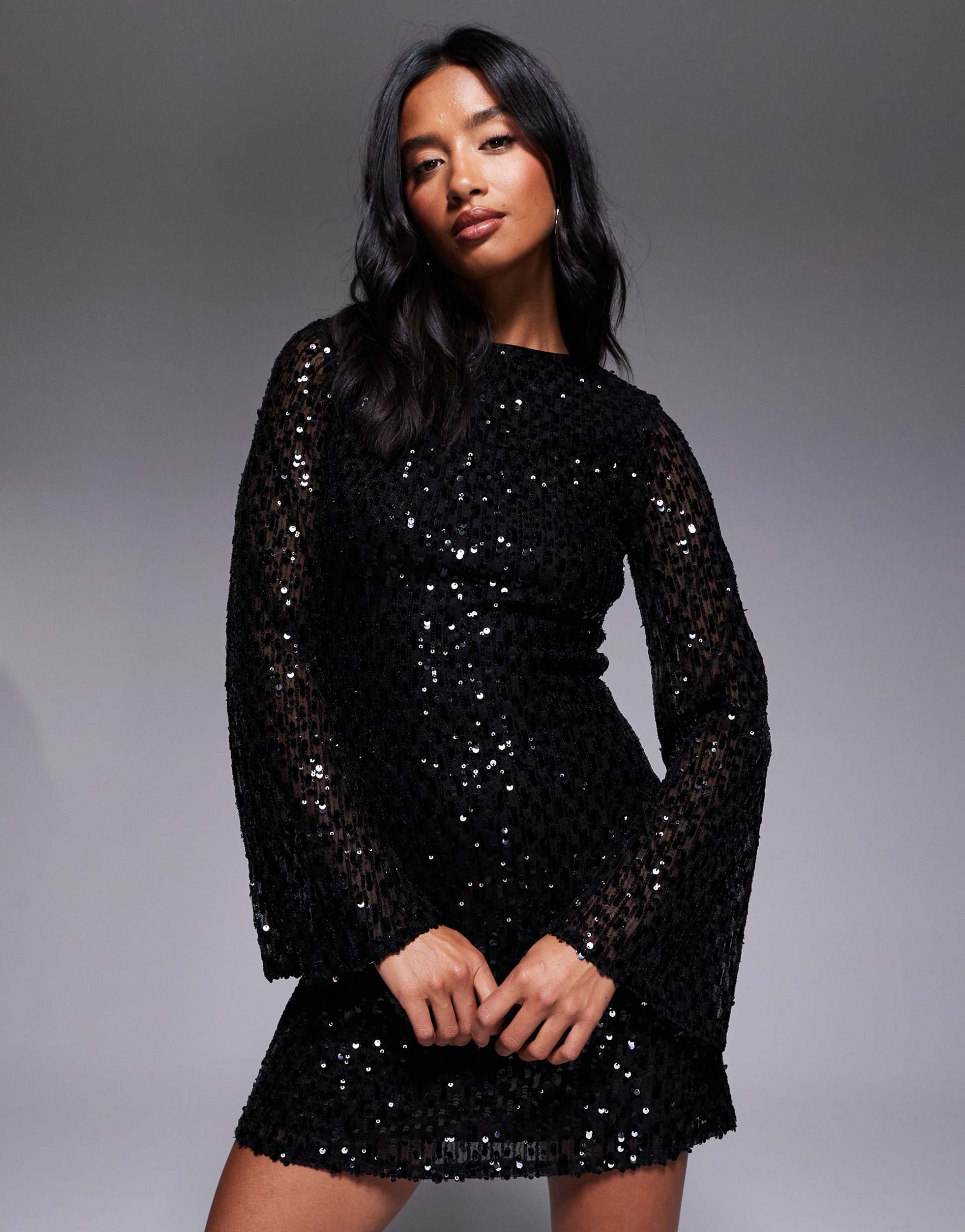 jaded rose petite fluted sleeves sequin mini dress in black