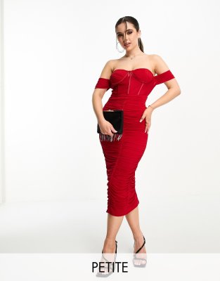 Jaded Rose Petite - Gerafftes, wadenlanges Kleid in Rot mit Korsett-Taille und transparentem Einsatz