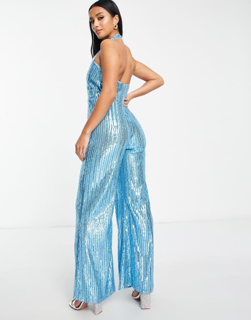 Jaded Rose Petite halterneck wide leg jumpsuit in blue stripe sequin