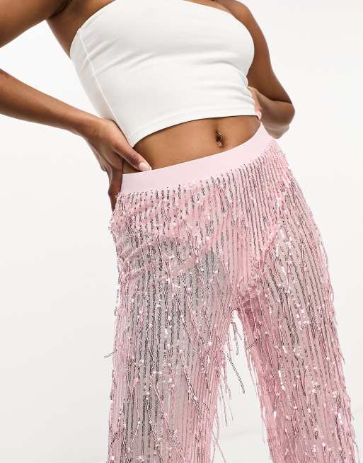 Jaded Rose Petite – Hose in Rosa mit Pailletten und Fransen, 4 von 4