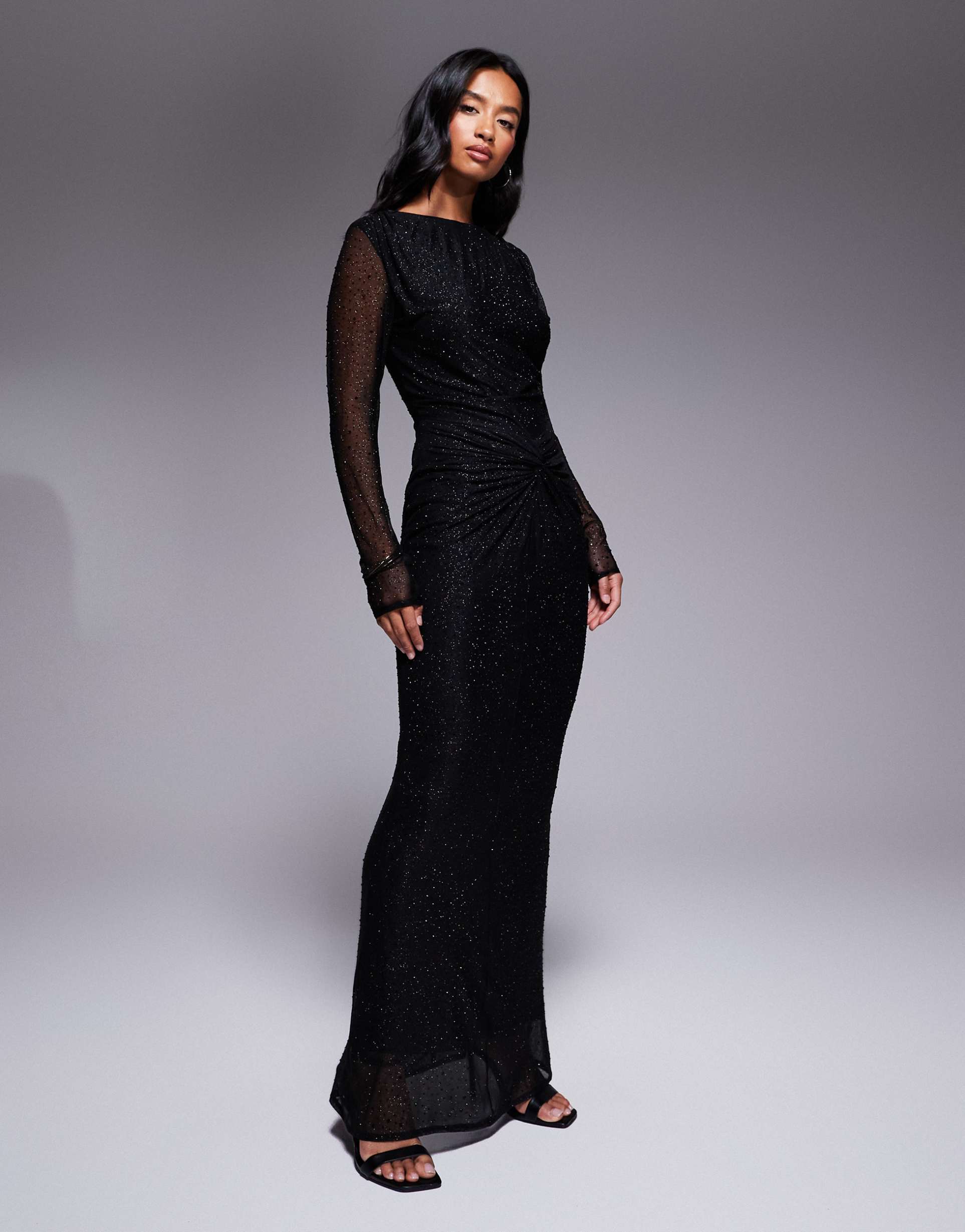 jaded rose petite hotfix slinky maxi dress with knot detail in black