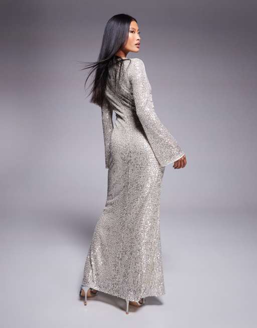 Jaded Rose Petite – Langärmliges Maxikleid in Silber mit Pailletten, 3 von 4