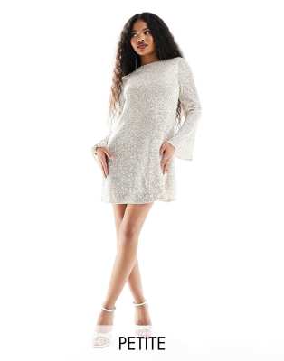 long sleeve sequin cowl back mini dress in silver