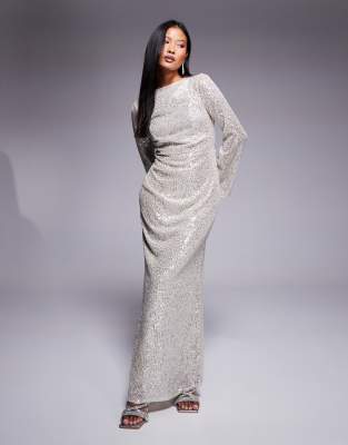 long sleeve sequin maxi dress in silver