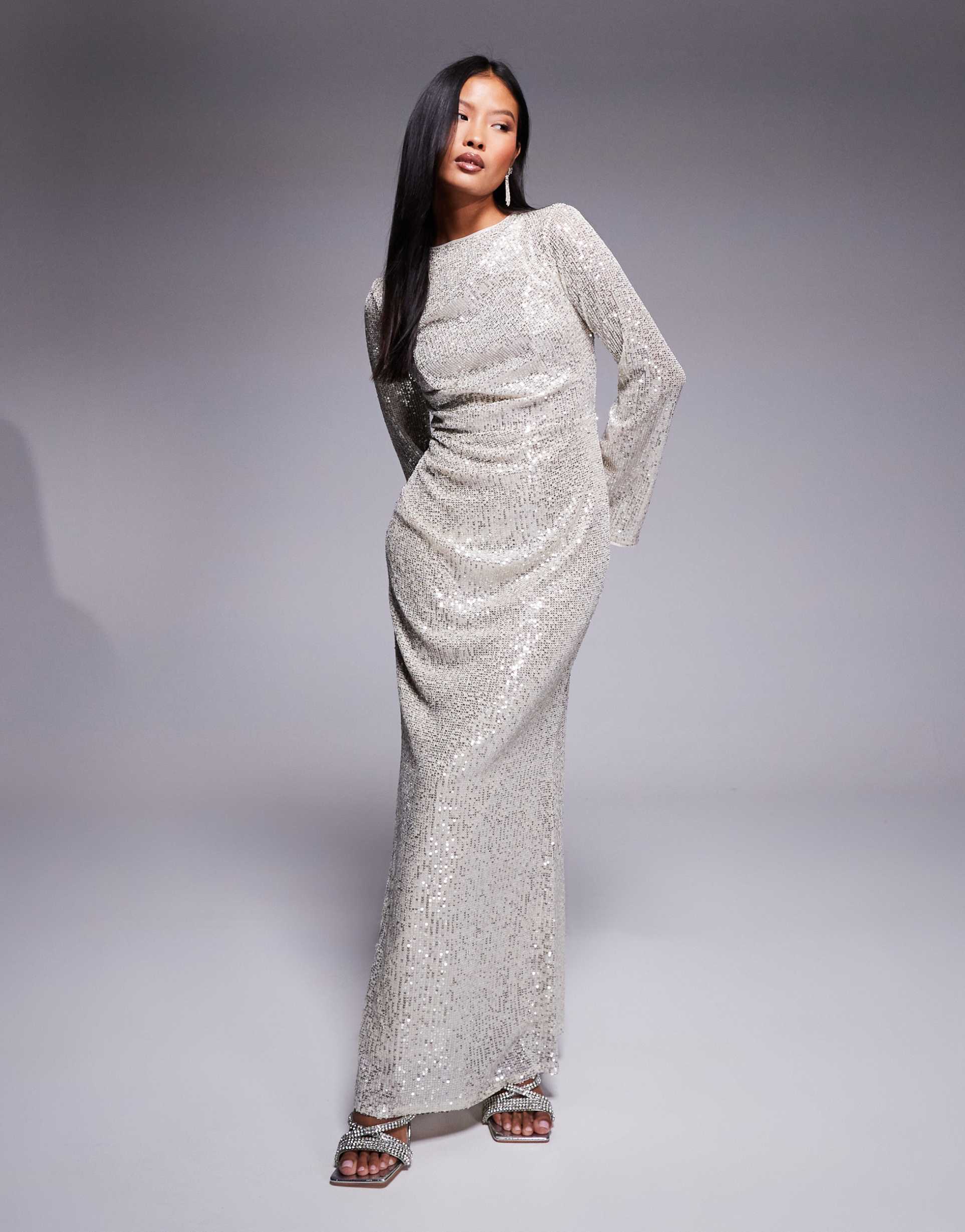 jaded rose petite long sleeve sequin maxi dress in silver