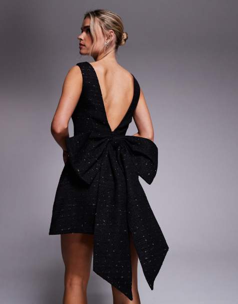 Jaded Rose Petite low bow back mini dress in black stretch bouclé - view 1