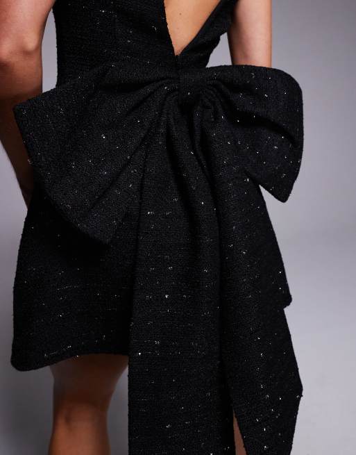 Jaded Rose Petite low bow back mini dress in black stretch bouclé, 4 of 4