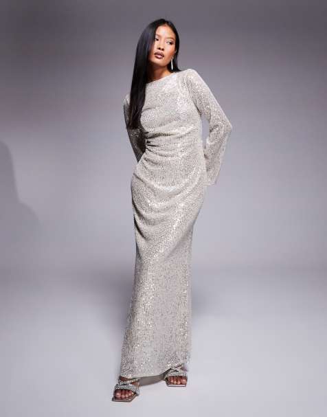 Jaded Rose Petite - Maxi jurk met lange mouwen en pailletten in zilver - view 1