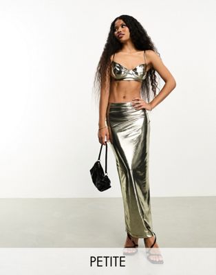 Jaded Rose Petite metallic drape maxi skirt co-ord in chrome-Silver