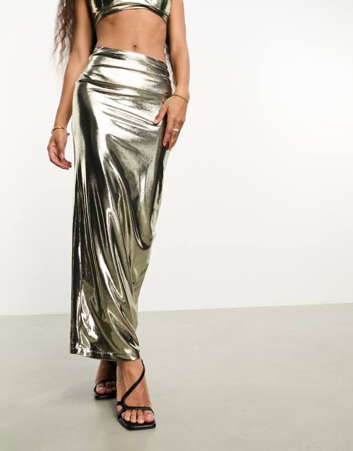 Jaded Rose Petite metallic drape maxi skirt co ord in chrome