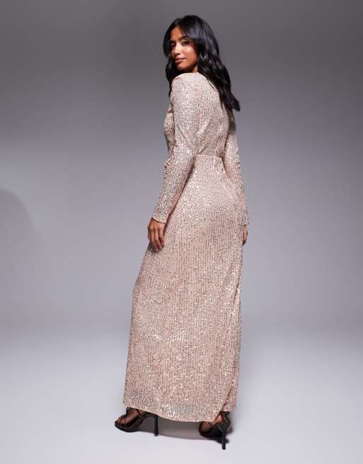 Jaded Rose Petite – Modest – Gerafftes Maxikleid in Gold mit Pailletten, 3 von 4