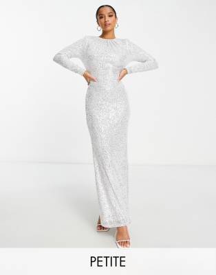 Jaded Rose Petite Modest long sleeve maxi dress in silver sequin