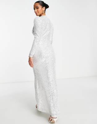 Jaded Rose Petite Modest long sleeve maxi dress in silver sequin