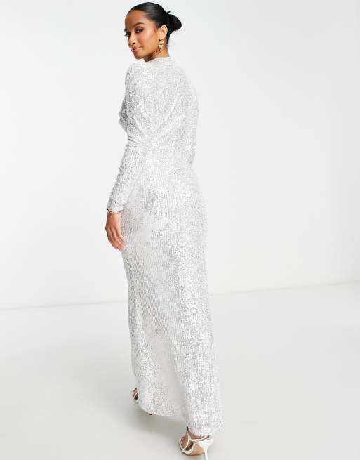 Jaded Rose Petite Modest long sleeve maxi dress in silver sequin