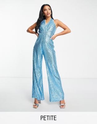 Jaded Rose Petite - Neckholder-Jumpsuit in Blau gestreift mit weitem Bein und Pailletten