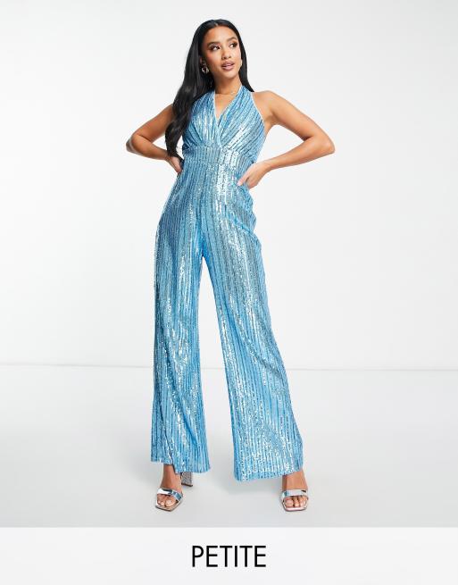 Jaded Rose Petite – Neckholder-Jumpsuit in Blau gestreift mit weitem Bein und Pailletten