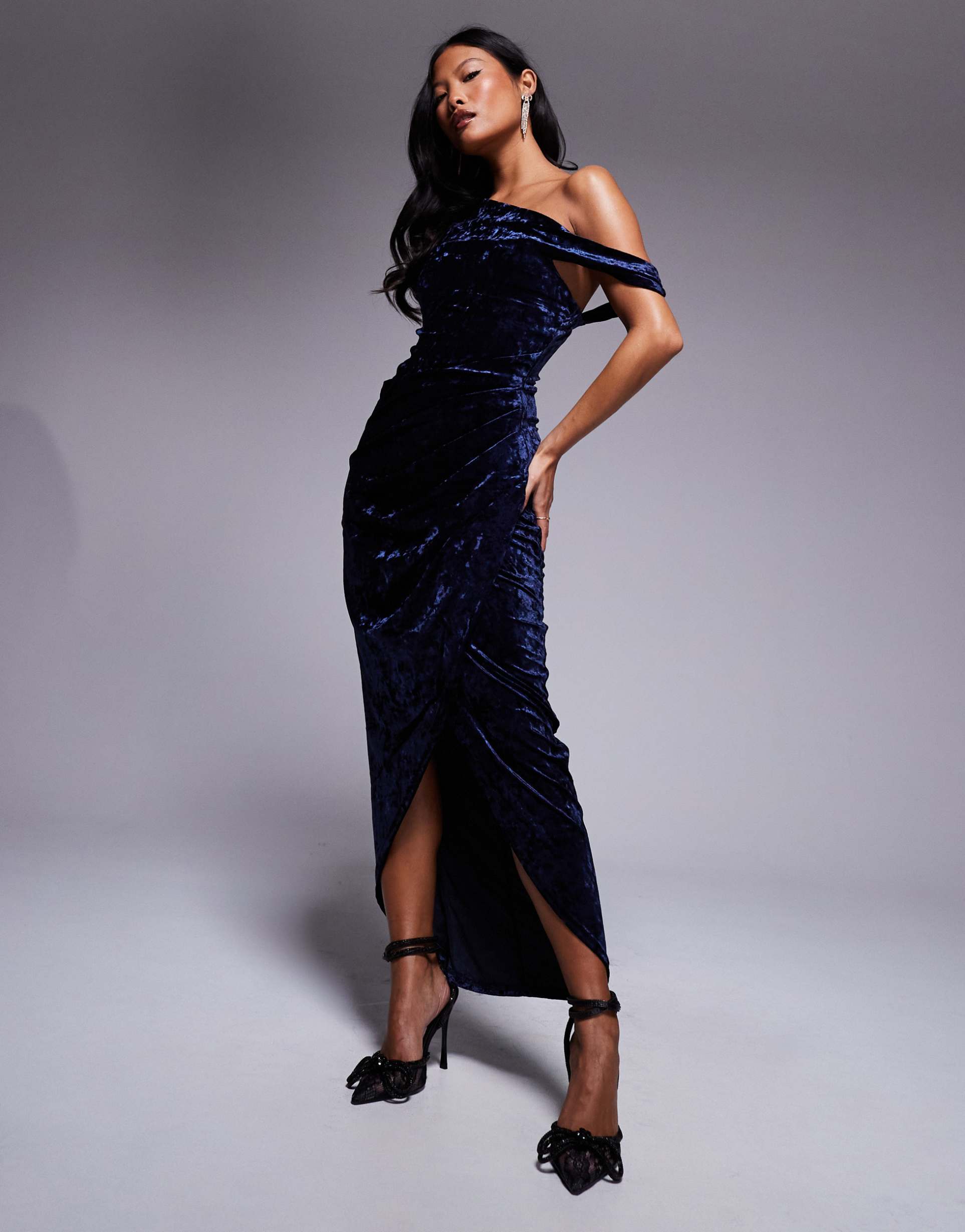 jaded rose petite one shoulder textured velvet maxi dress in midnight