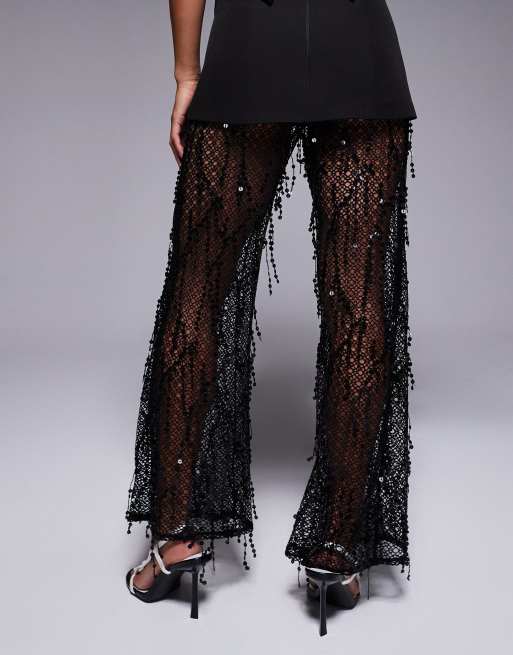 Jaded Rose Petite - Pantaloni neri trasparenti con paillettes e frange, 5 di 5