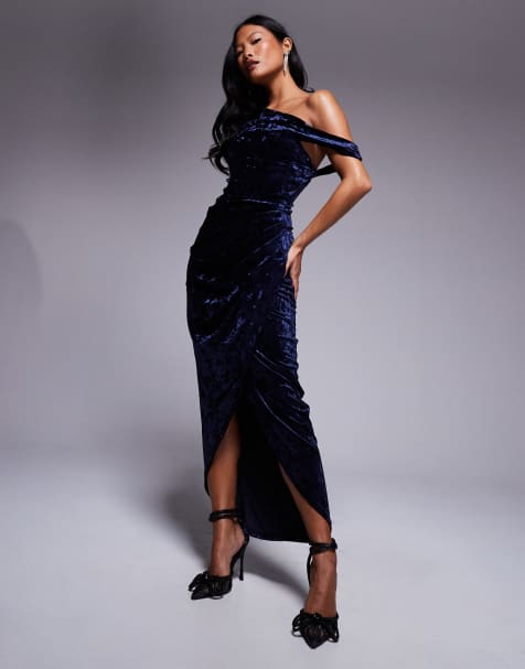 Jaded Rose Petite - Robe longue et asymétrique en velours texturé - Bleu nuit - view 1