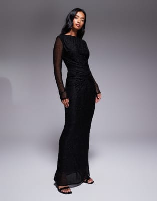 Robe longue près du corps à strass thermocollé et naud - Noir 32