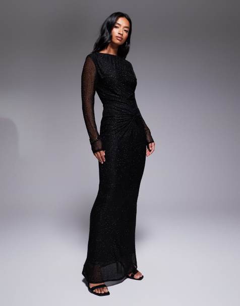 Jaded Rose Petite - Robe longue près du corps à strass thermocollé et nœud - Noir - view 1