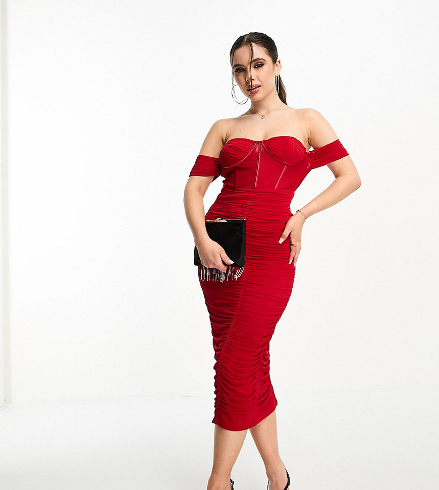 ruched corset waist sheer midaxi dress in red