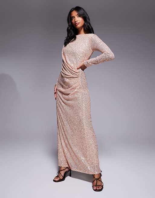 rose gold dress with sleeves 2021 Hijab Style Blush Muslim Evening pink prom Detachable Train and Long 52 Bust Long Sleeve Sequin Ball Gowns