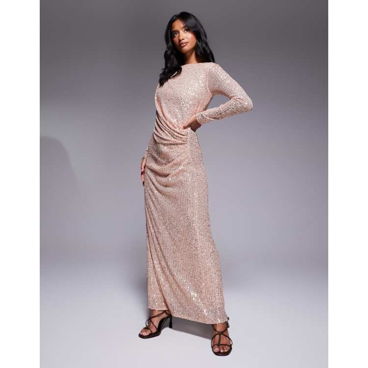 beaded faux wrap dress with dolman sleeves in rose gold Adrianna Papell 40375 Blouson Top Beaded Dress