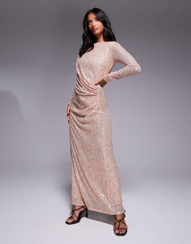 Jaded Rose Petite sequin modest maxi dress with ruched detail in gold