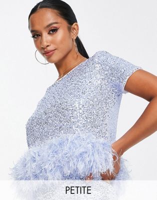 Jaded Rose Petite short sleeve crop top with faux feather trim in baby blue sequin co-ord - ASOS Price Checker