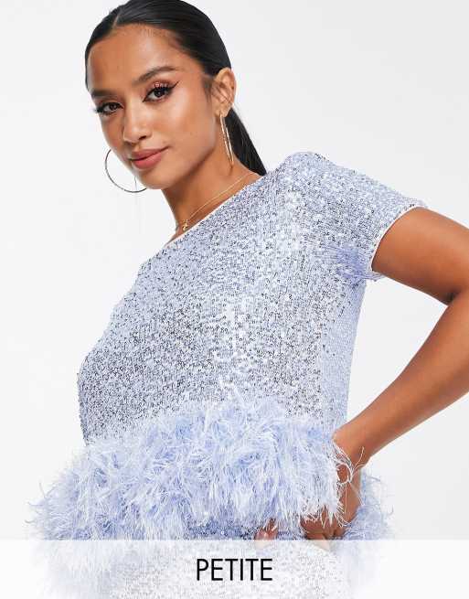 Jaded Rose Petite short sleeve crop top with faux feather trim in baby blue  sequin co-ord