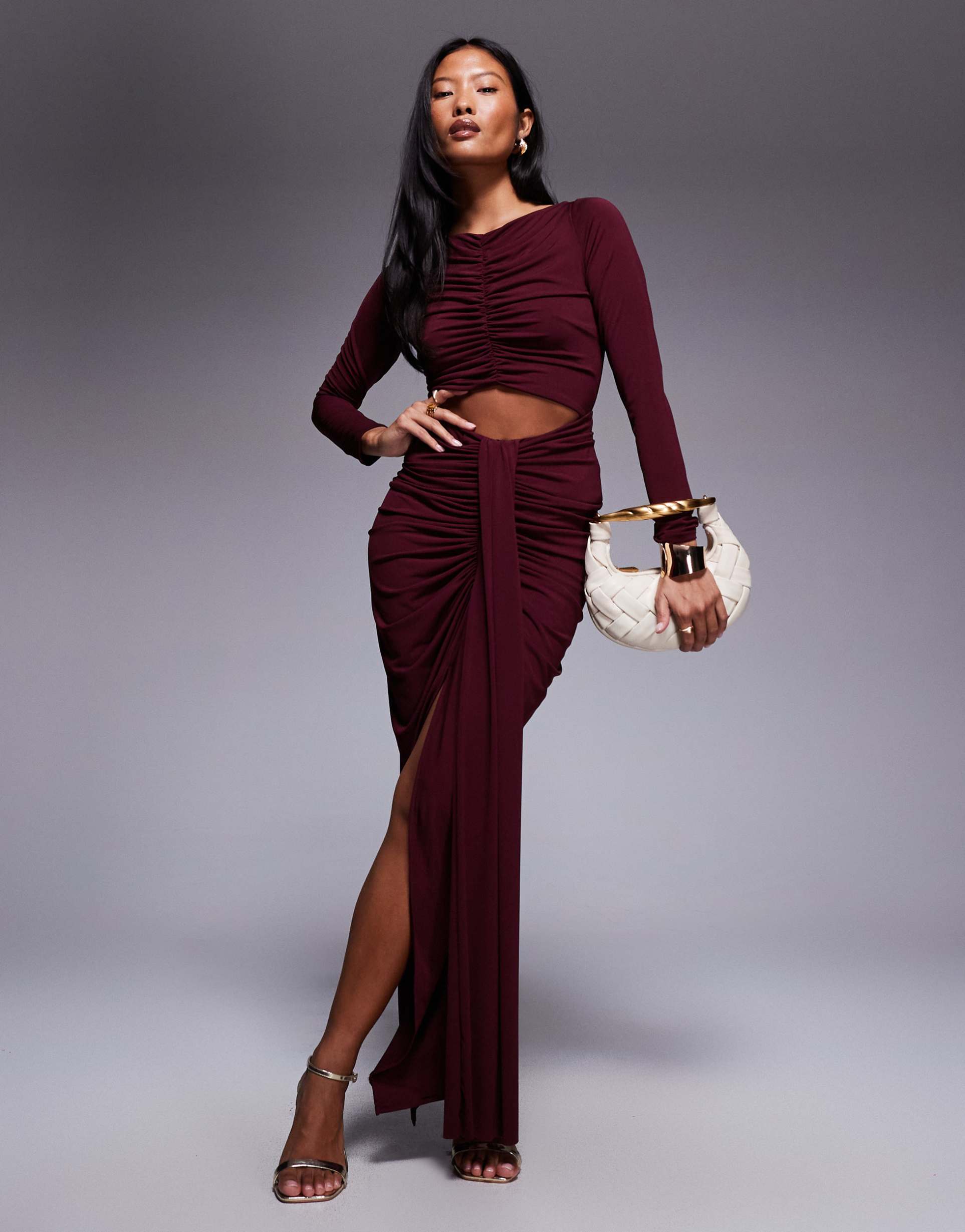 jaded rose petite slinky jersey maxi dress with cut out and ruched details in burgundy