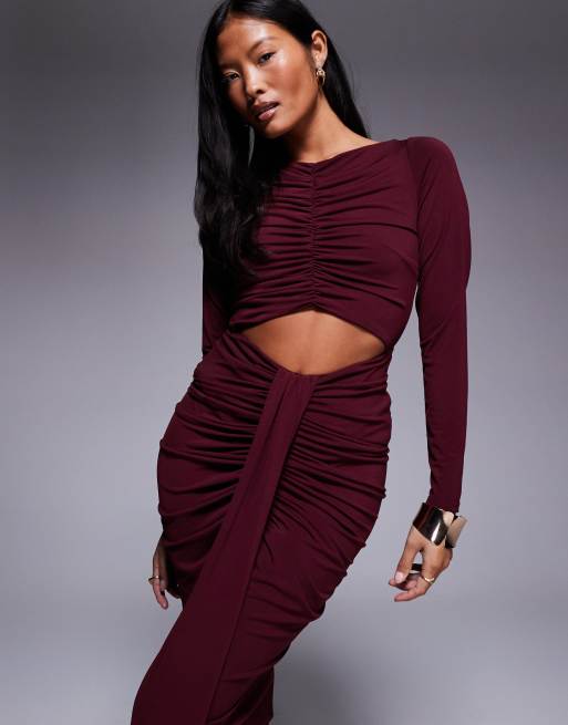 Jaded Rose Petite slinky jersey maxi dress with cut out and ruched details  in burgundy | ASOS