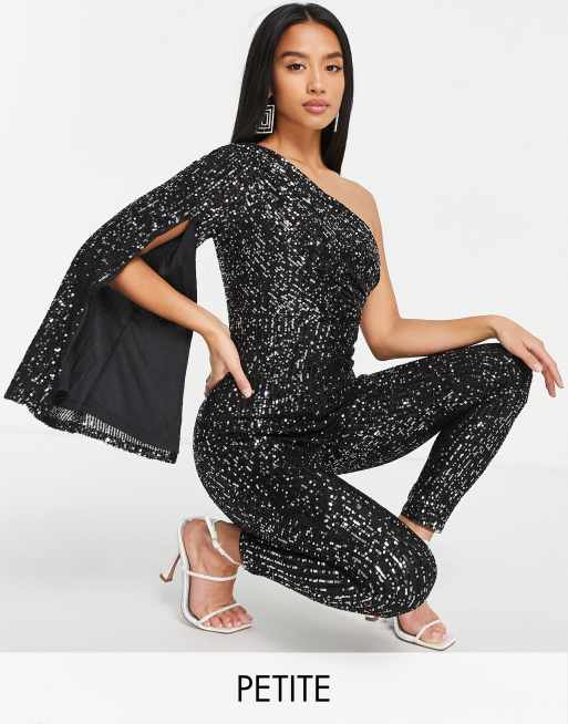 Jaded Rose Petite – Svart exklusiv jumpsuit i one shoulder-design med paljetter