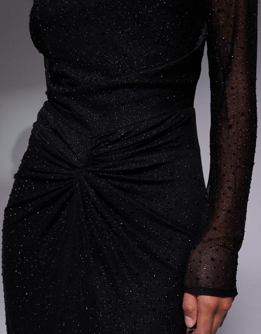 Jaded Rose Petite – Svart, silkig maxiklänning med knut och strass, 3 av 4