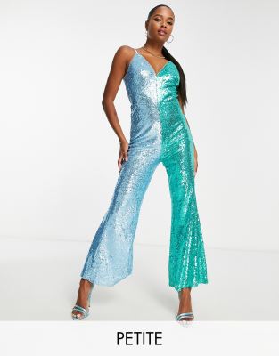 Jaded Rose Petite Tuta jumpsuit a zampa a canottiera anni 70 con scollo profondo e paillettes a contrasto