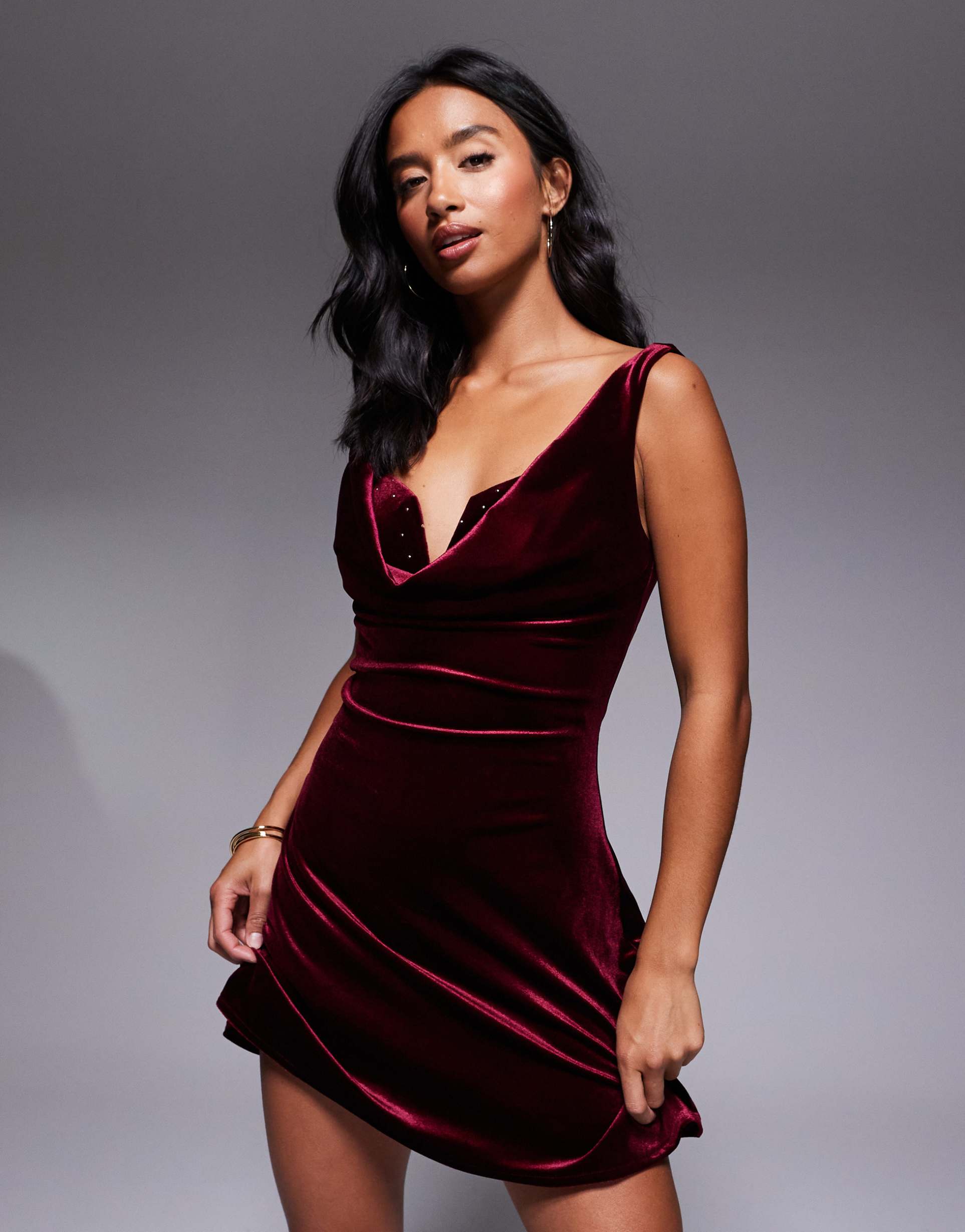 jaded rose petite velvet mini dress with rhinestone bra-top detailing in burgundy