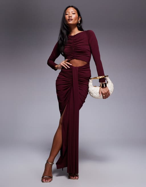 Jaded Rose Petite - Vestito lungo sinuoso in jersey color bordeaux con cut-out e dettagli arricciati