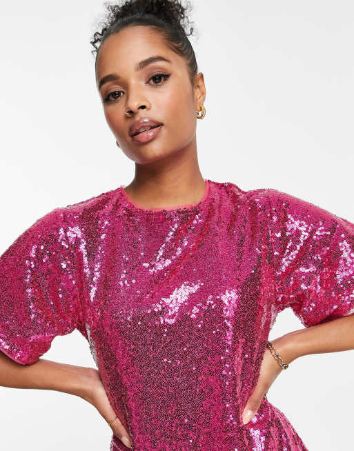 Jaded Rose Petite - Vestito T-shirt rosa con paillettes, 3 di 4