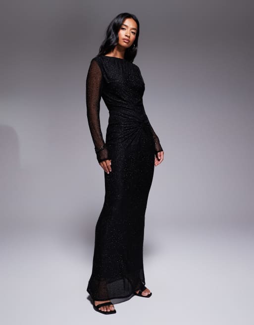 Jaded Rose Petite – Zdobiona strasami dopasowana czarna sukienka maxi z ozdobnym węzłem