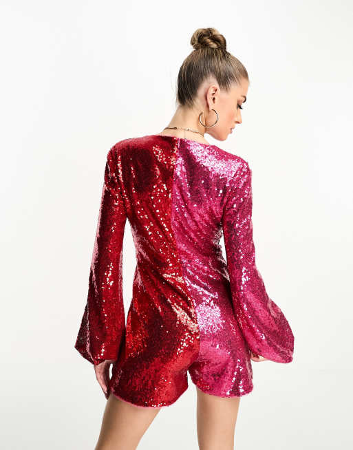 Jaded Rose - Playsuit med ballonærmer og pailletter i rød og pink, 2 af 4