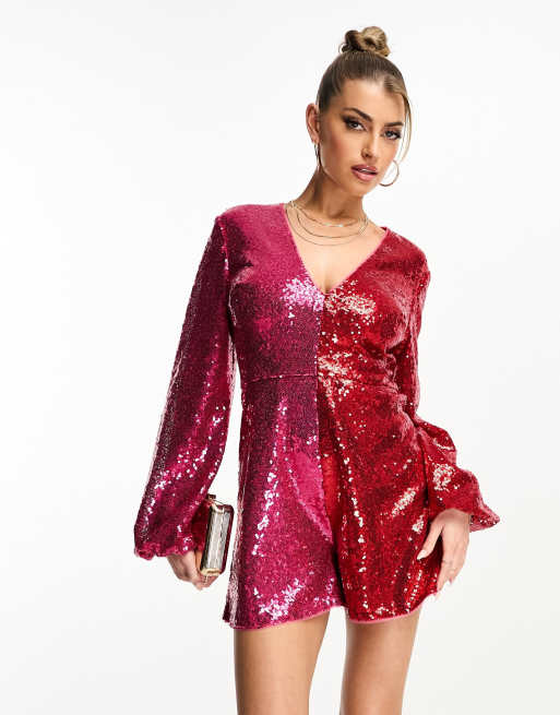 Jaded Rose - Playsuit med ballonærmer og pailletter i rød og pink, 3 af 4