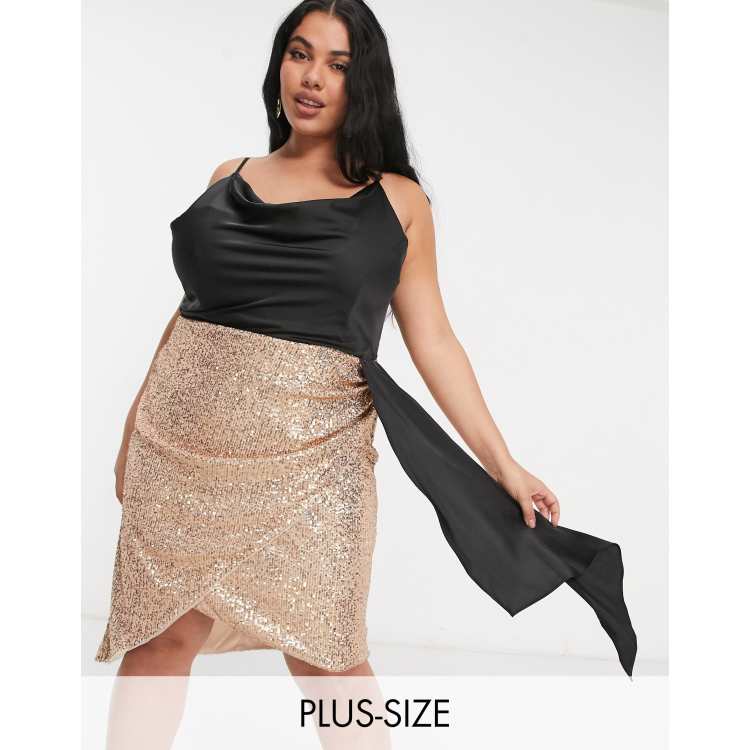 Jaded Rose Plus 2 in 1 satin drape cowl neck sequin skirt mini