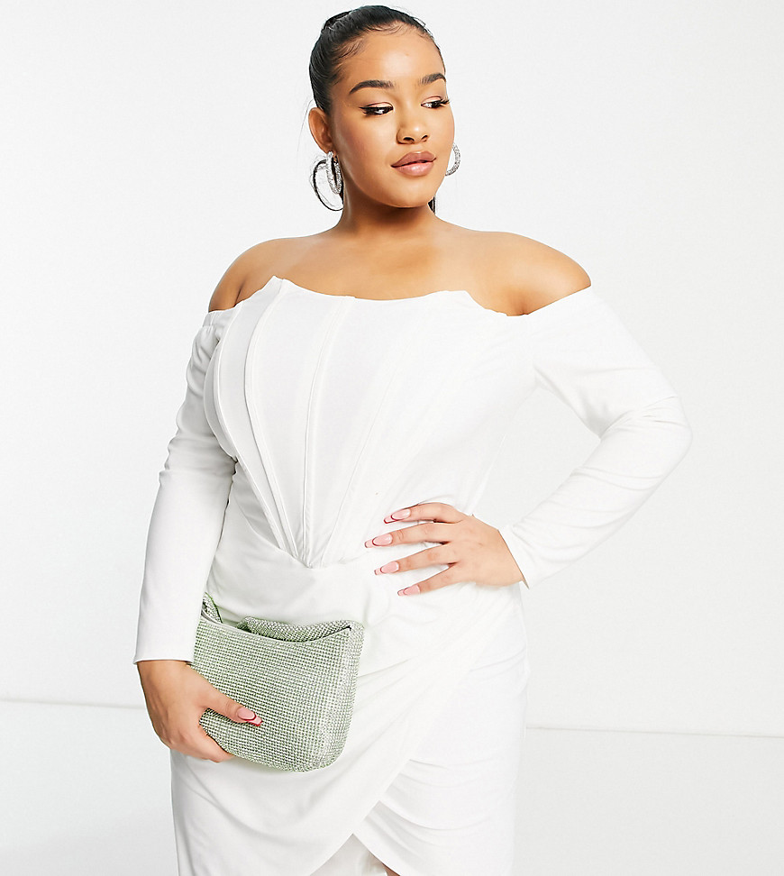 Plus-size dress by Jaded Rose Doing it for the glam Corset style Off-shoulder design Boning to front Long sleeves Wrap skirt Stretch back Slim fit Close-fitting cut Exclusive to ASOS
