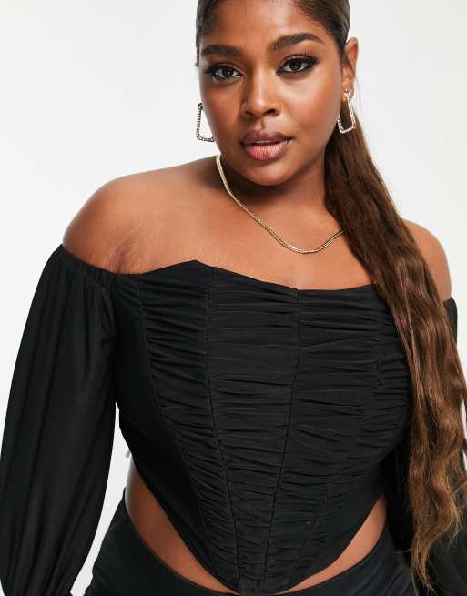 Plus Black Ruched Corset Top, Plus Size