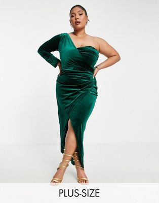 Jaded Rose Plus exclusive one shoulder dress with split in emerald green
