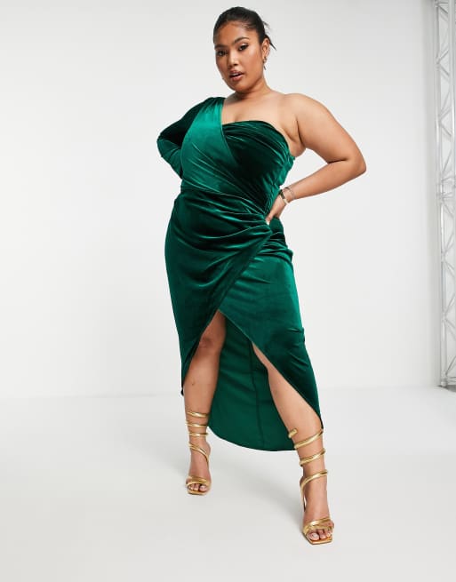 emerald green one shoulder cocktail dress Luxury Green One Shoulder Satin Evening Dress with Overskirt LA72178 Green / 10
