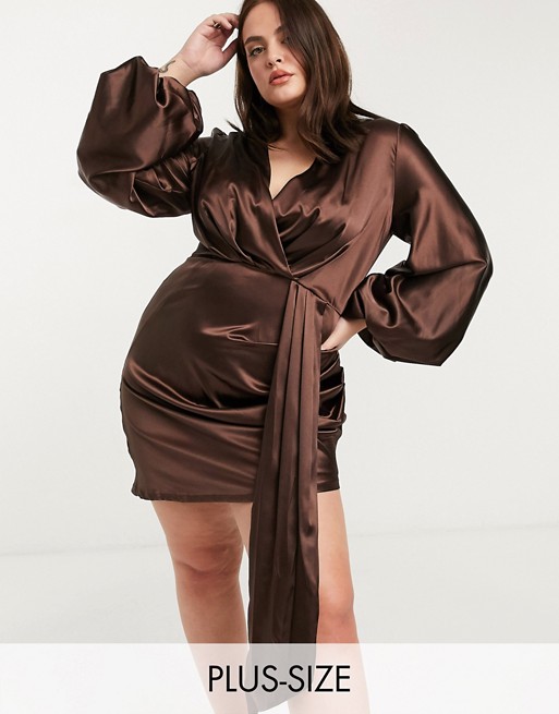 Jaded Rose Plus exclusive plunge satin mini dress with balloon sleeve and train detail in chocolate