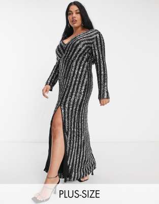 Jaded Rose Plus Exclusive Sequin Stripe Maxi Dress With Thigh Slit In ...